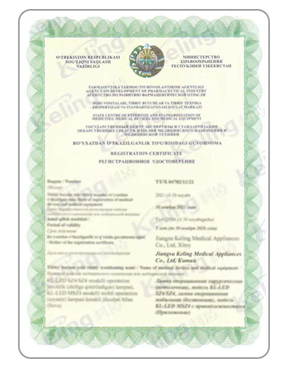 Uzbekistan Registration Certificate document supplied by Keling Medical