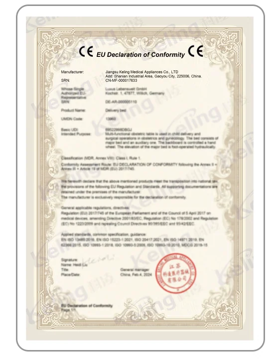 EU Declaration of Conformity document supplied by Keling Medical