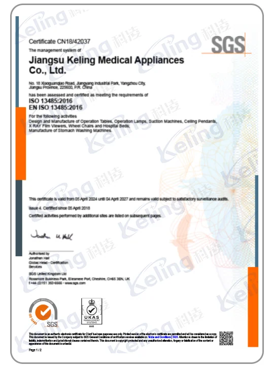 ISO 13485:2016 document supplied by Keling Medical
