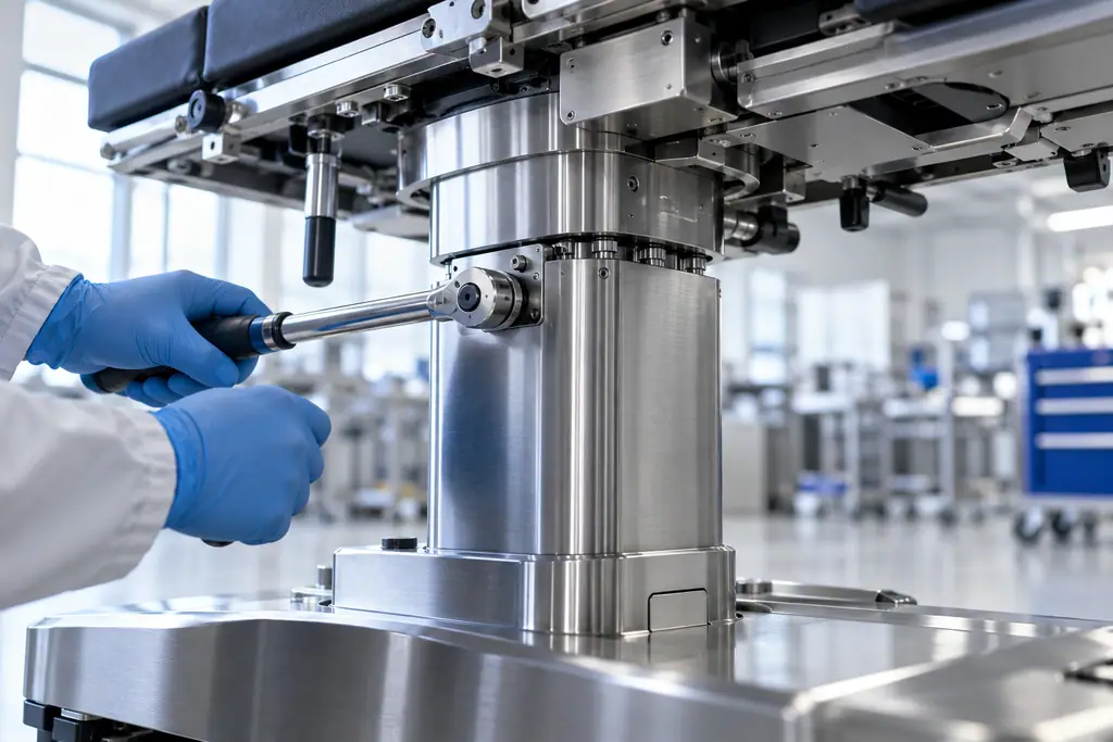 Technician in blue gloves calibrating the stainless steel hydraulic column of an operating table with a torque wrench