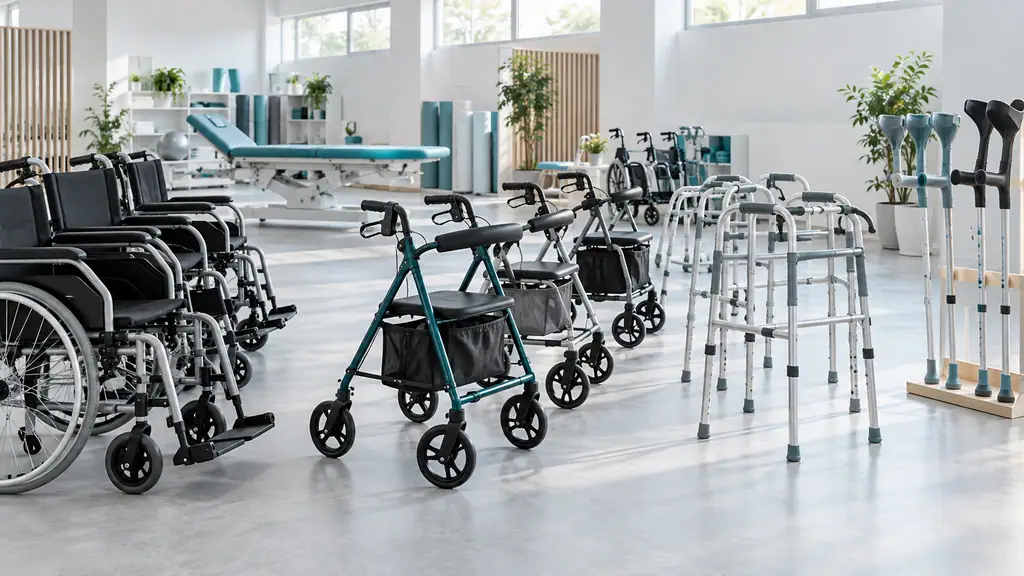 Showroom of mobility aids and rehabilitation equipment with wheelchairs, rollators, walking frames and crutches arranged in rows