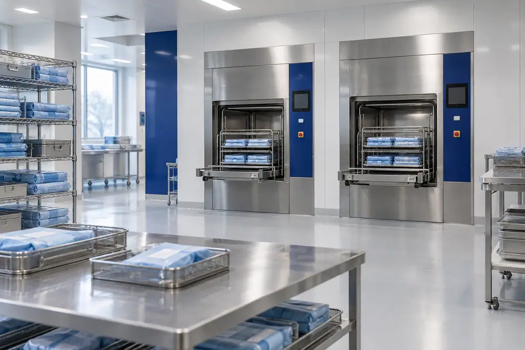 Hospital CSSD with stainless steel horizontal steam sterilizers, work tables and shelving with wrapped instrument trays