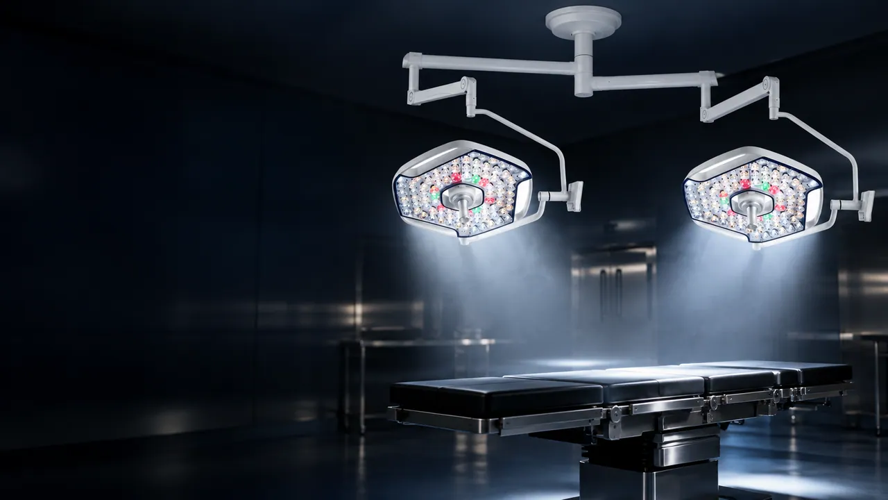Keling KL-LED-STR78 double-dome LED surgical light switched on above an operating table in a dark operating theatre