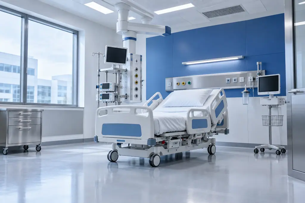 ICU patient room with a 5-function electric hospital bed, ceiling ICU pendant and monitor cart
