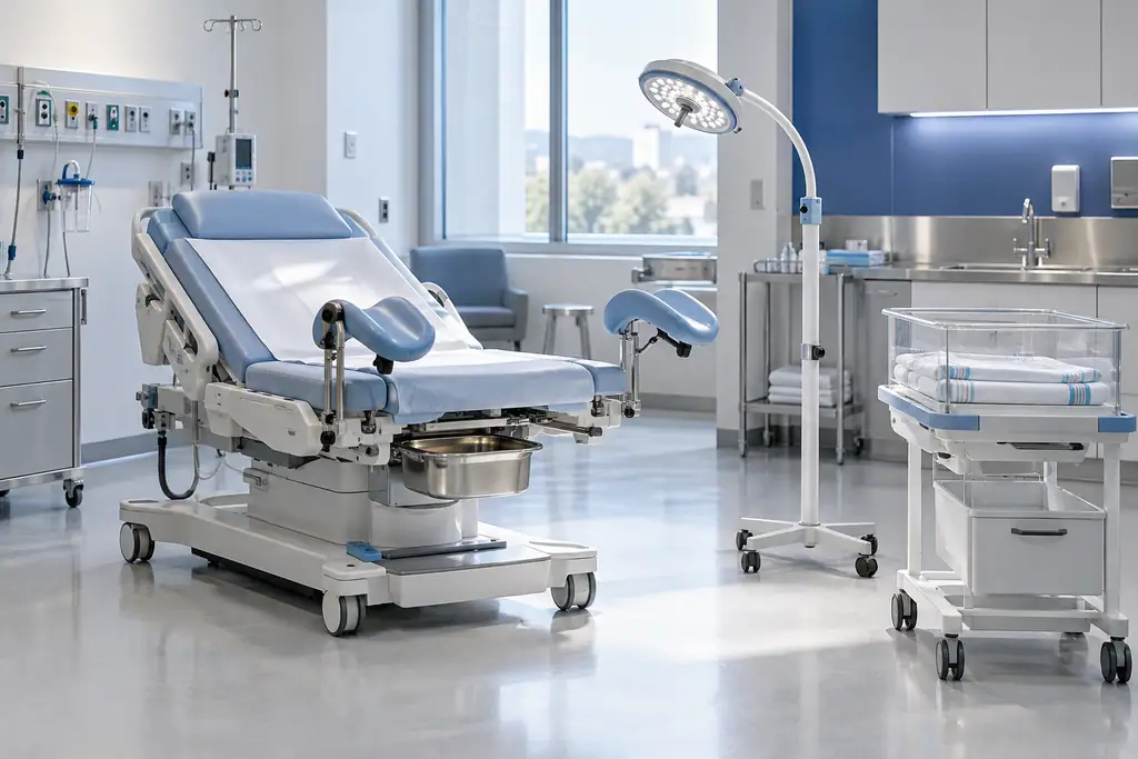 Hospital delivery suite with an electric obstetric table, mobile examination lamp and newborn crib