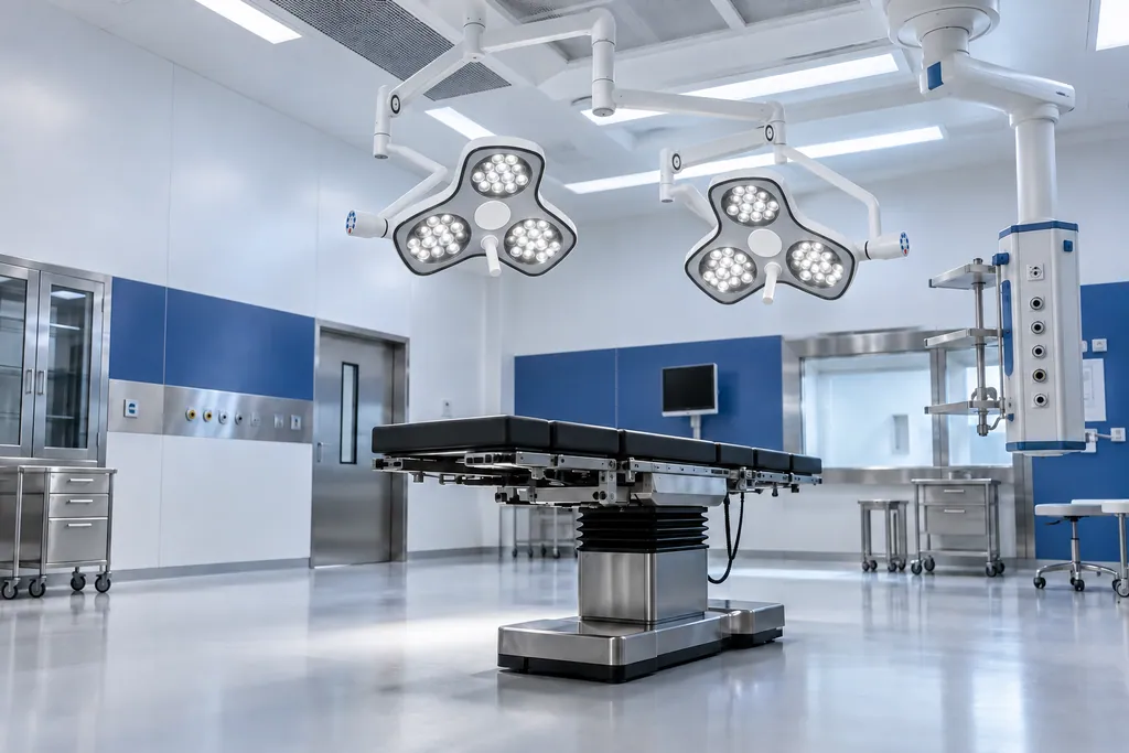 Operating theatre with a Keling KL-LED-STZ4 double-dome LED surgical light above an electro-hydraulic operating table